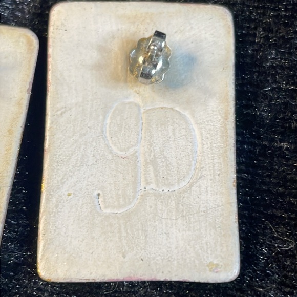 Vintage signed porcelain rectangle earrings - Picture 5 of 5